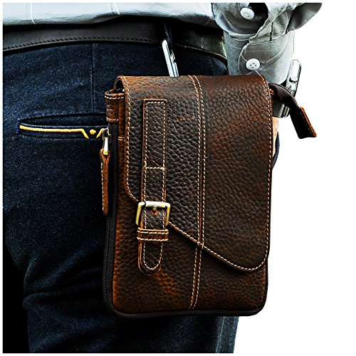Le'aokuu Mens Genuine Leather Coffee Fanny Small Messenger Shoulder Satchel Waist Bag Pack (Dark Brown 3)