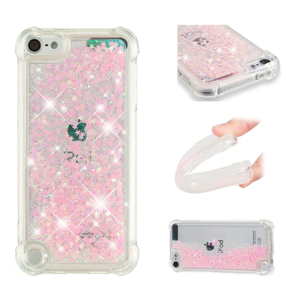 IMEIKONST Compatible with iPod Touch 7 Glitter Case, Liquid Sparkle Quicksand Clear Transparent Sequin Slim Girls Soft TPU Bumper Silicone Shockproof Cover for iPod Touch 6 / Touch 5. Star Pink YBW