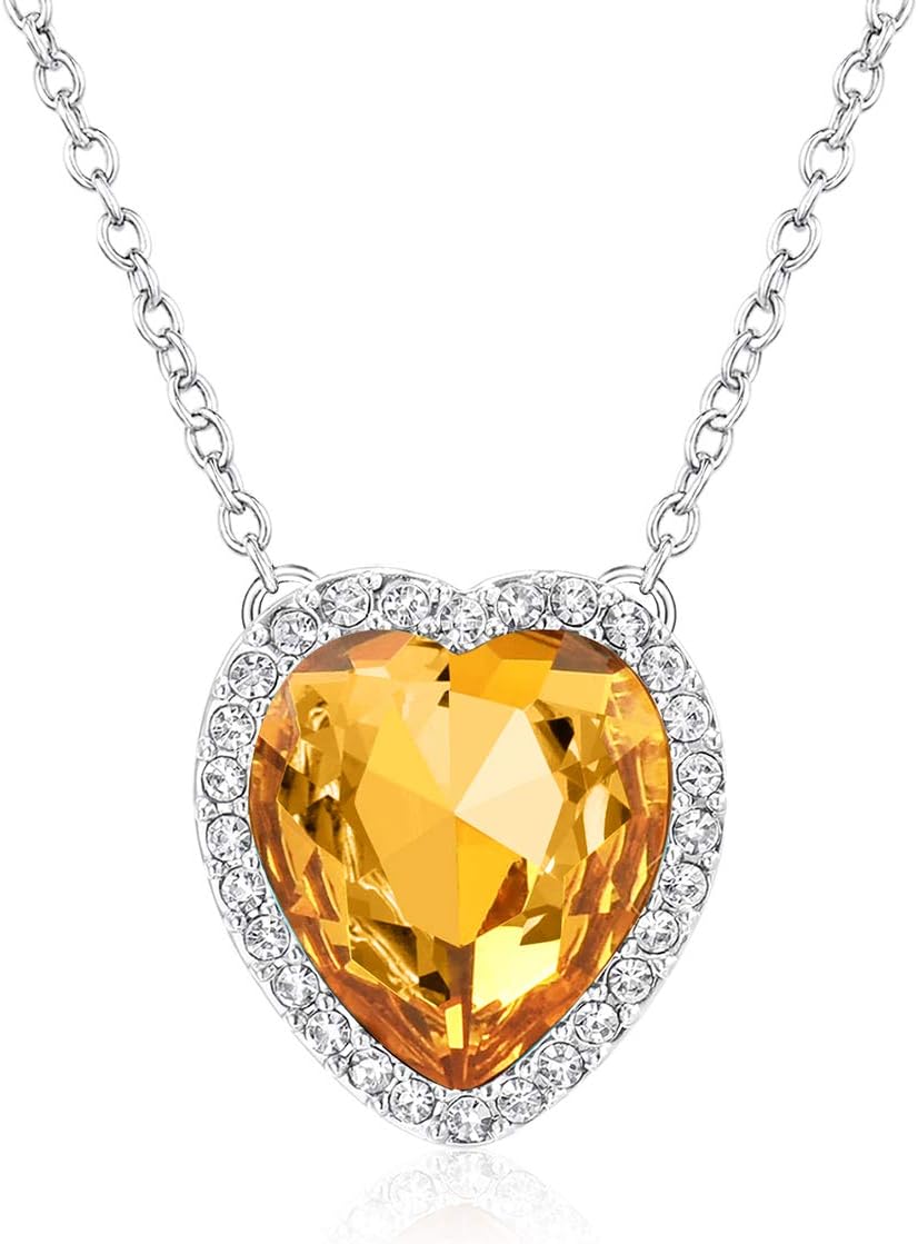 12 Months Birthstone Necklace Heart Crystal Halo Pendant 14K White Gold Plated Dainty Chain Choker Princess Necklaces for Women Girls Jewelry Gift Silver 18”