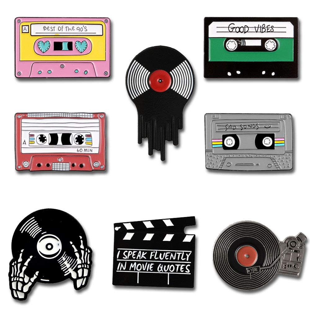 Seully 8 Pieces Enamel Brooch Pins,Cartoon Tape Corsage Pins,Gramophone/Vinyl Record/Skull Brooch,Pin for Children Women Fashion Collar Badge Clothing Bags Jackets Decor