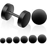 6 Pairs Black Stud Earrings for Men Women Faux Gauges Earring Fake Earrings Stainless Steel Stud Earring, 4-10mm