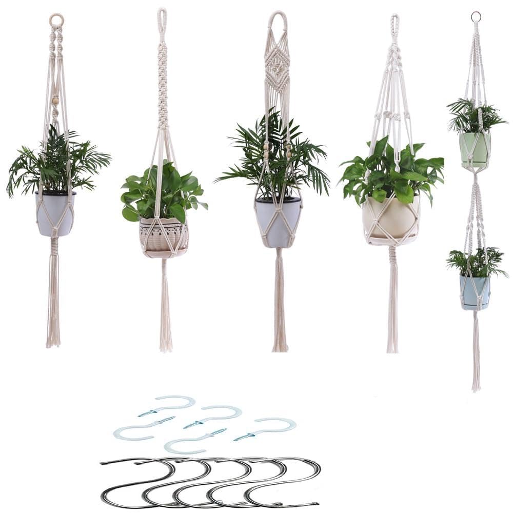 Fusehngre 5 Pack Plant Hanger Bohemia Plant Hanging Flowers Pot with Beads, Indoor Different Size Hanging Planter Basket Flower Pot Holder, 10 Hooks Included
