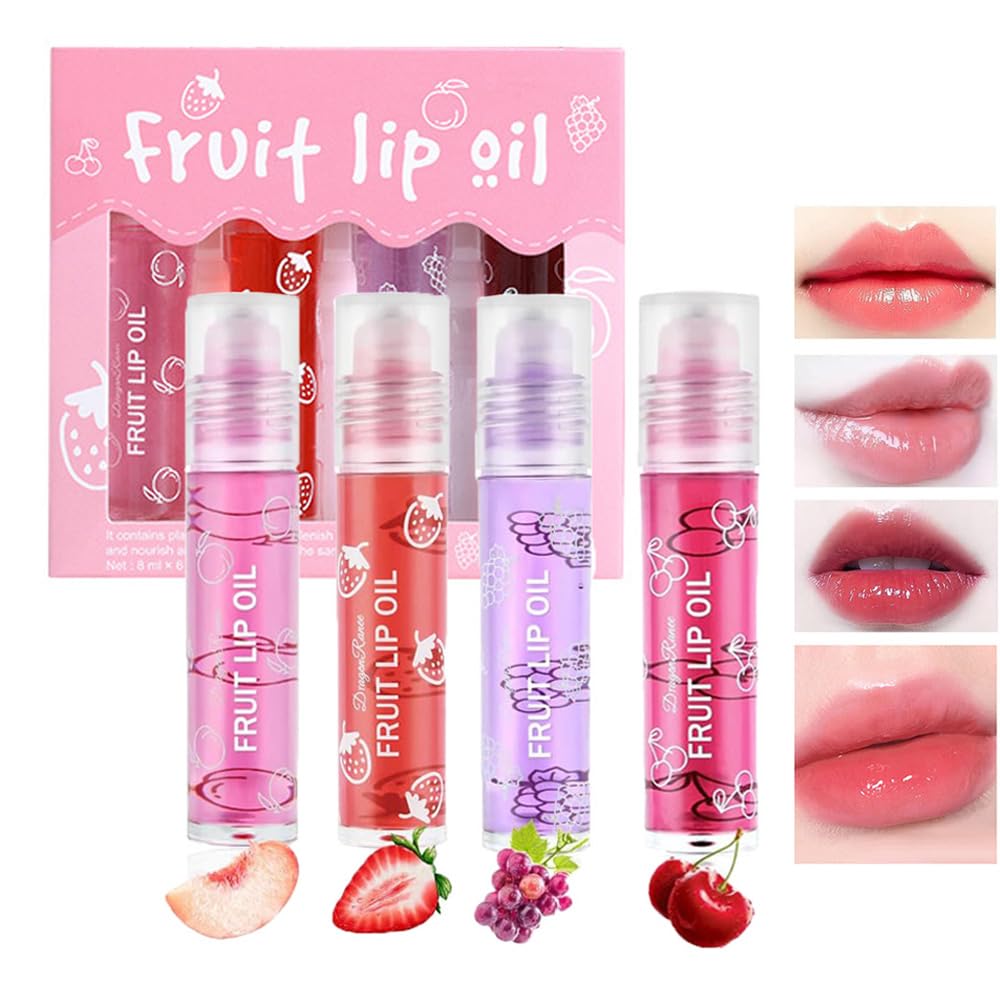 Lip Oil Set - Roll-On Lip Gloss Set/Fruity Flavors Lip Balm Liquid Lipstick/Moisturizing Lip Glow Oil Lip Care For Girls Women