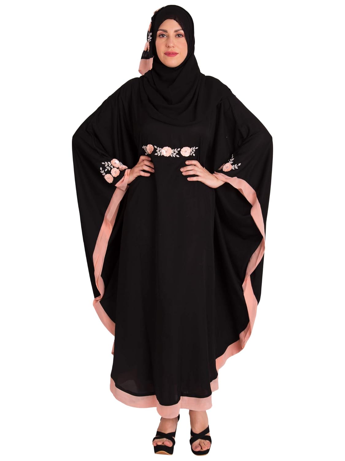 BURQA HOUSE's BQL003 Dubai Pattern BLACK KAFTAN Nida Fabric|Hand work Design in Peach Colour 