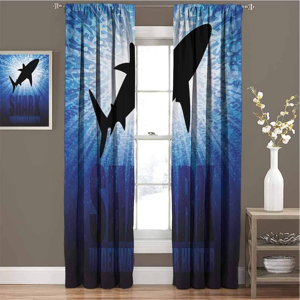 Toopeek Shark Wear-Resistant Color Curtain Underwater Hunter Phrase Fish Silhouette in The Ocean Danger in Marine Picture Waterproof Fabric W54 x L84 Inch Royal Blue Black