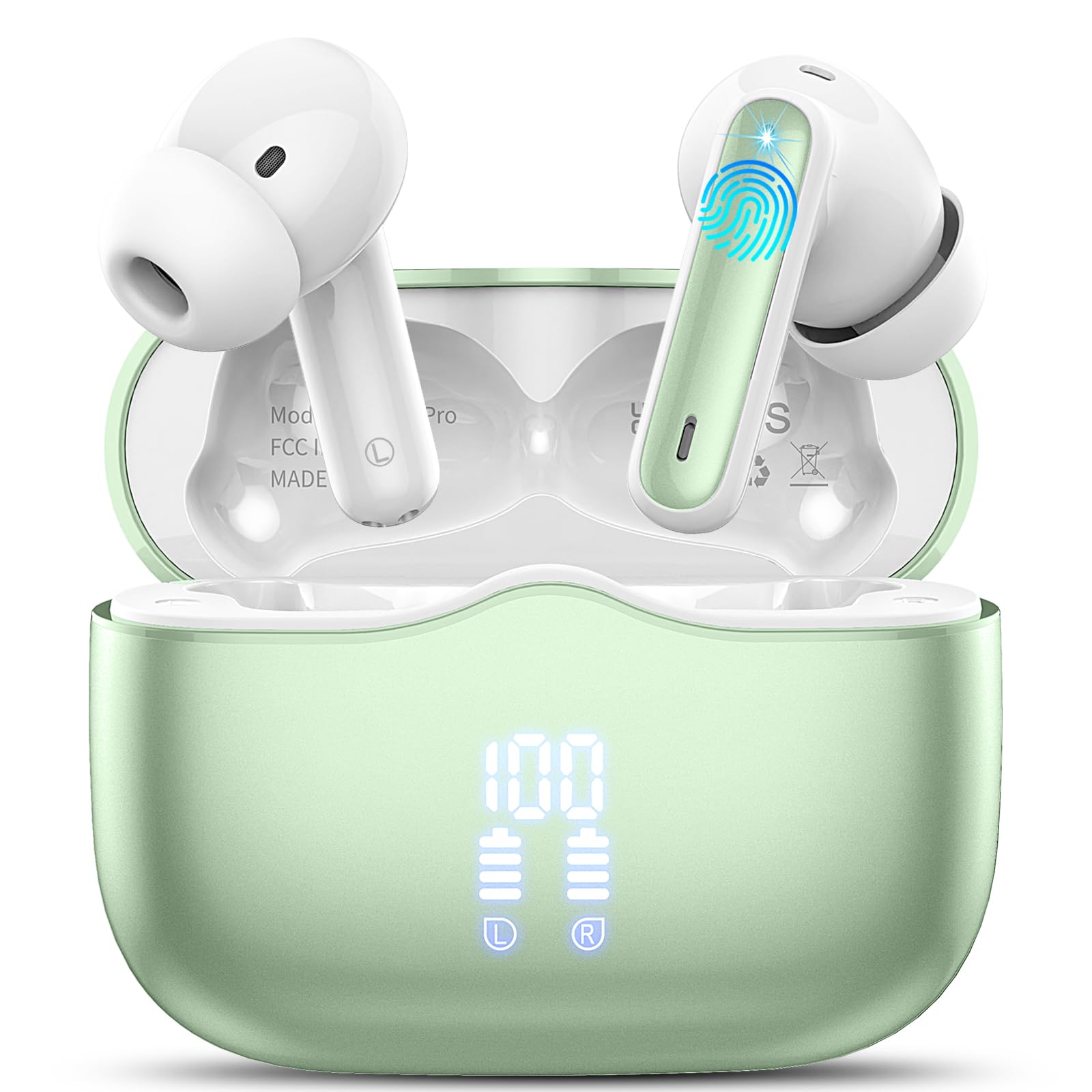 Wireless Earbuds, Bluetooth 5.4 Headphones in Ear with HiFi Stereo Deep Bass, 4 ENC Noise Cancelling Mic Wireless Earphones 40H Playtime, Bluetooth Earbuds Dual LED Display, IP7 Waterproof, Green