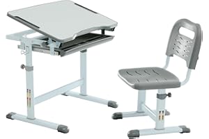 Diroan Kids Multifunctional Desk and Chair Set, Height Adjustable Children School Study Desk with Large Tilt Desktop, Metal Hook and Storage Drawer for Boys Girls, Grey