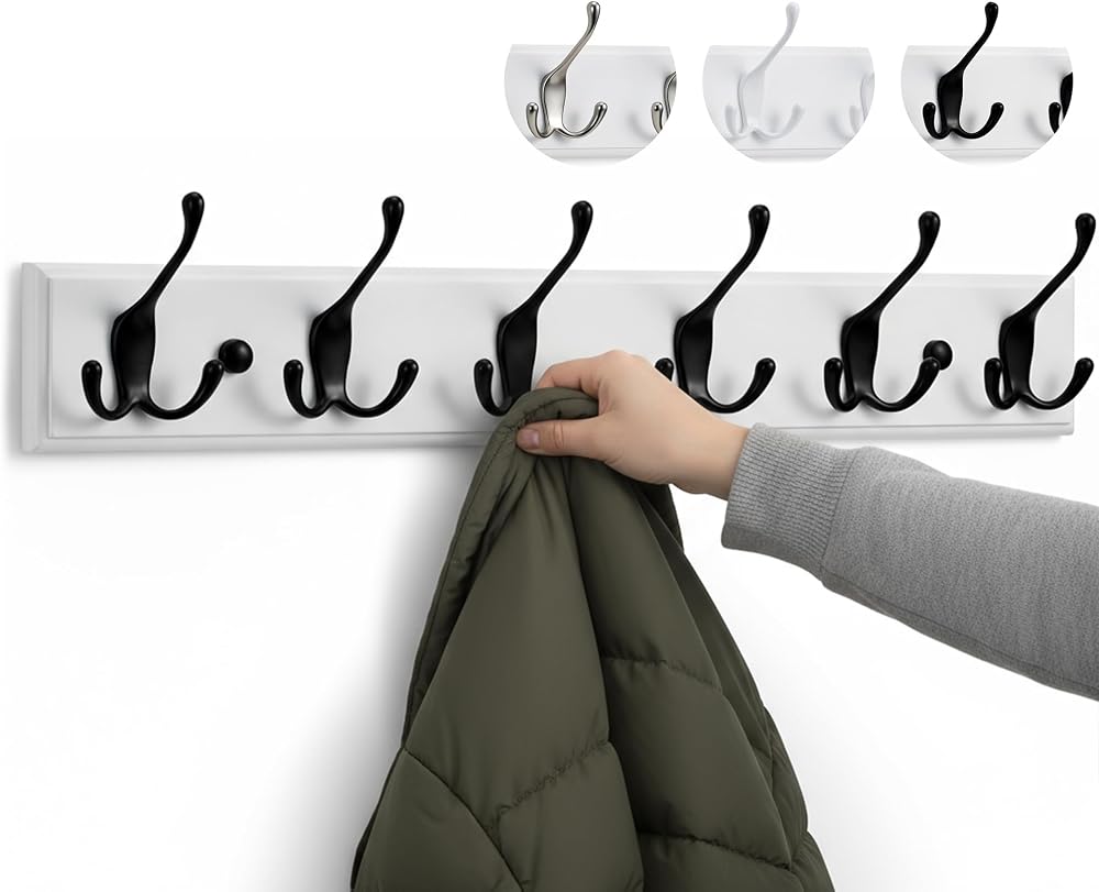 LARHN White Coat Hooks Wall Mounted Coat Rack 6 Triple Hooks 59 cm