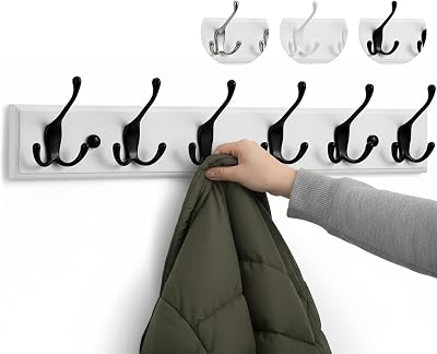 LARHN White Coat Hooks Wall Mounted Coat Rack 6 Triple Hooks 59 cm