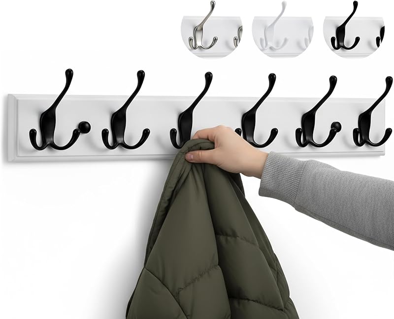 LARHN White Coat Hooks Wall Mounted Coat Rack 6 Triple Hooks 59 cm