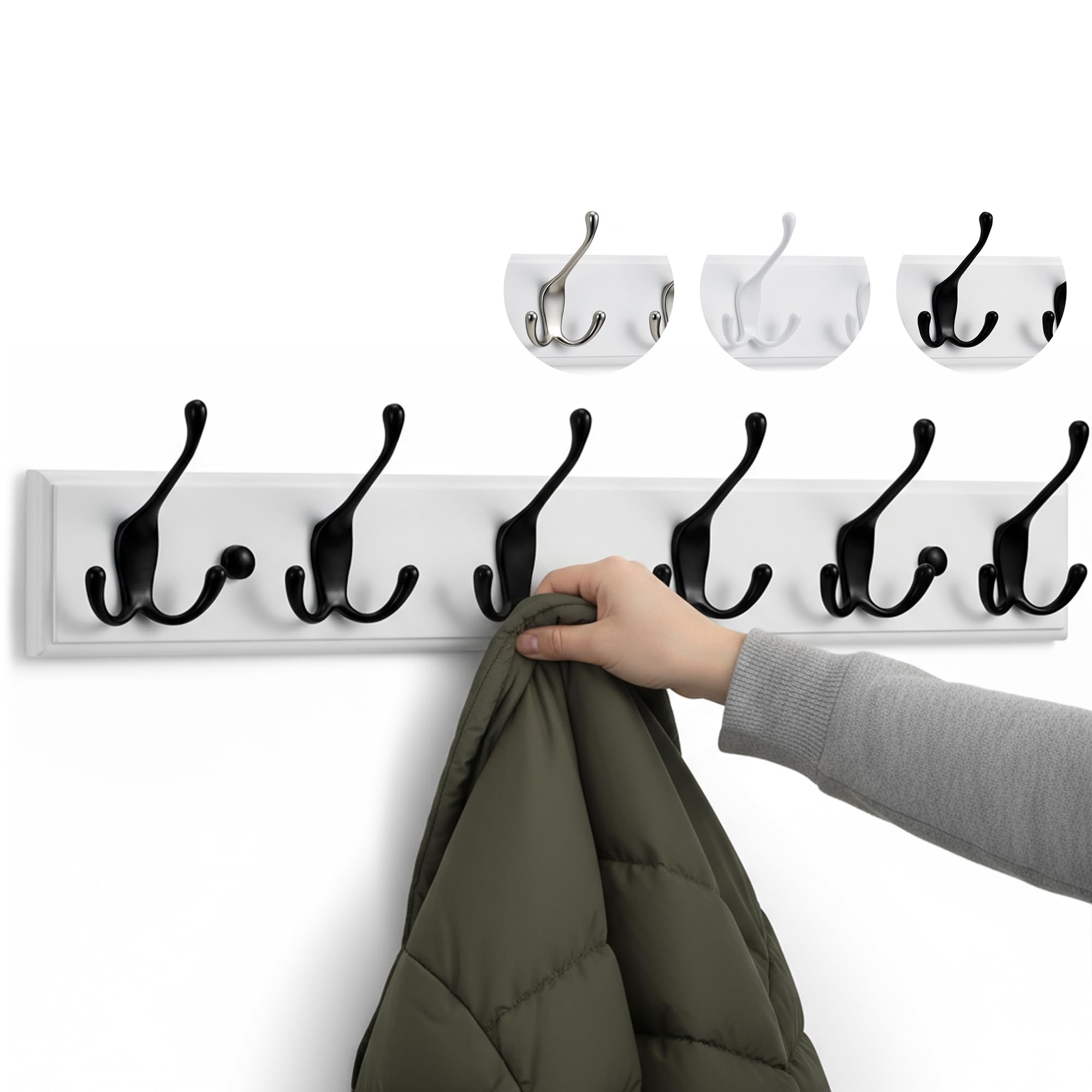 LARHN White Coat Hooks - Wall Mounted Coat Rack - 6 Triple Black & White Coat Hooks for Wall - 59 cm - All Fixings Included for Quick & Easy Installation