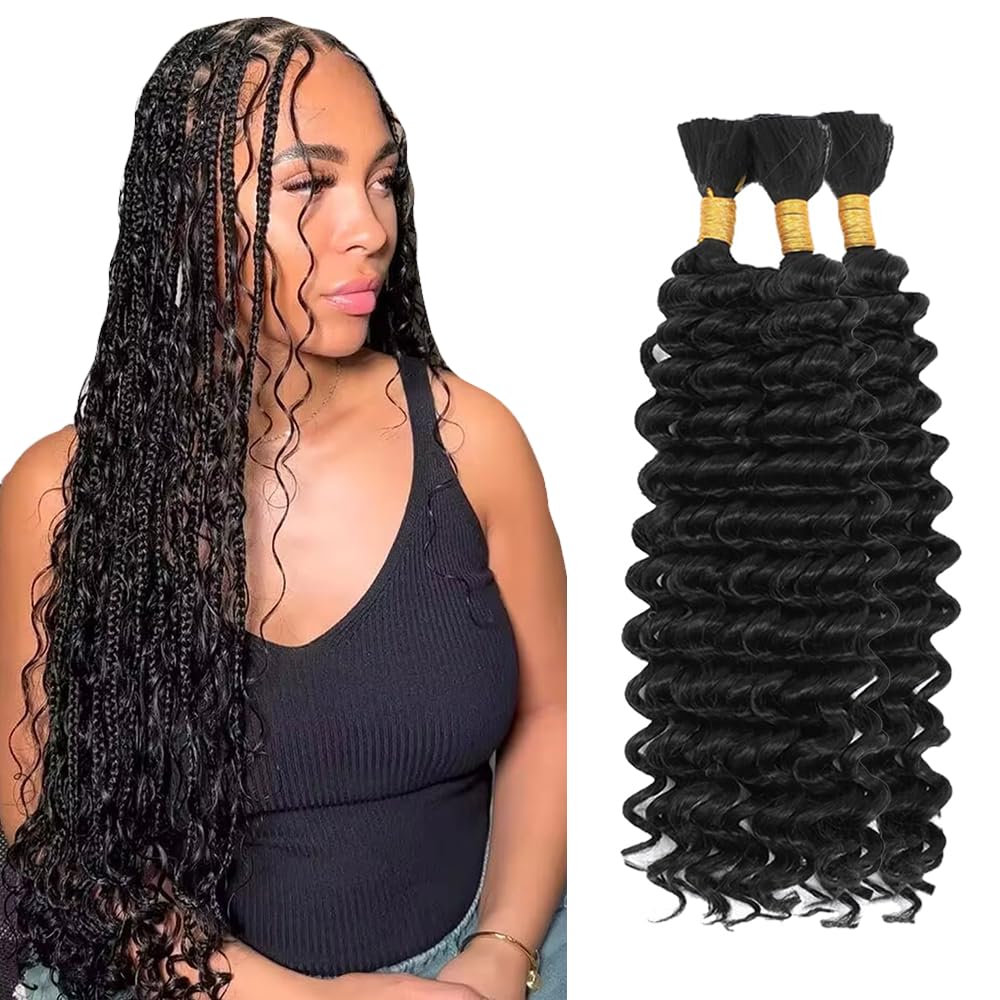 Photo 1 of #1B Natural Color Human Hair Braiding Hair For Boho Braids 34 34 34 Inch Black Deep Wave Bulk Human Hair Unprocessed Brazilian Virgin Hair 3 Bundle 50 Gram Per Bundle No Weft Extensions