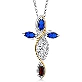 Cross Necklace For Women In 925 Silver and 10K Yellow Gold with Lab Grown Diamond and Created Sapphire and Garnet | 1.37 Cttw | Jesus Christian Religious Crucifix | Marquise Cut 8X4MM | 18 Inch Chain