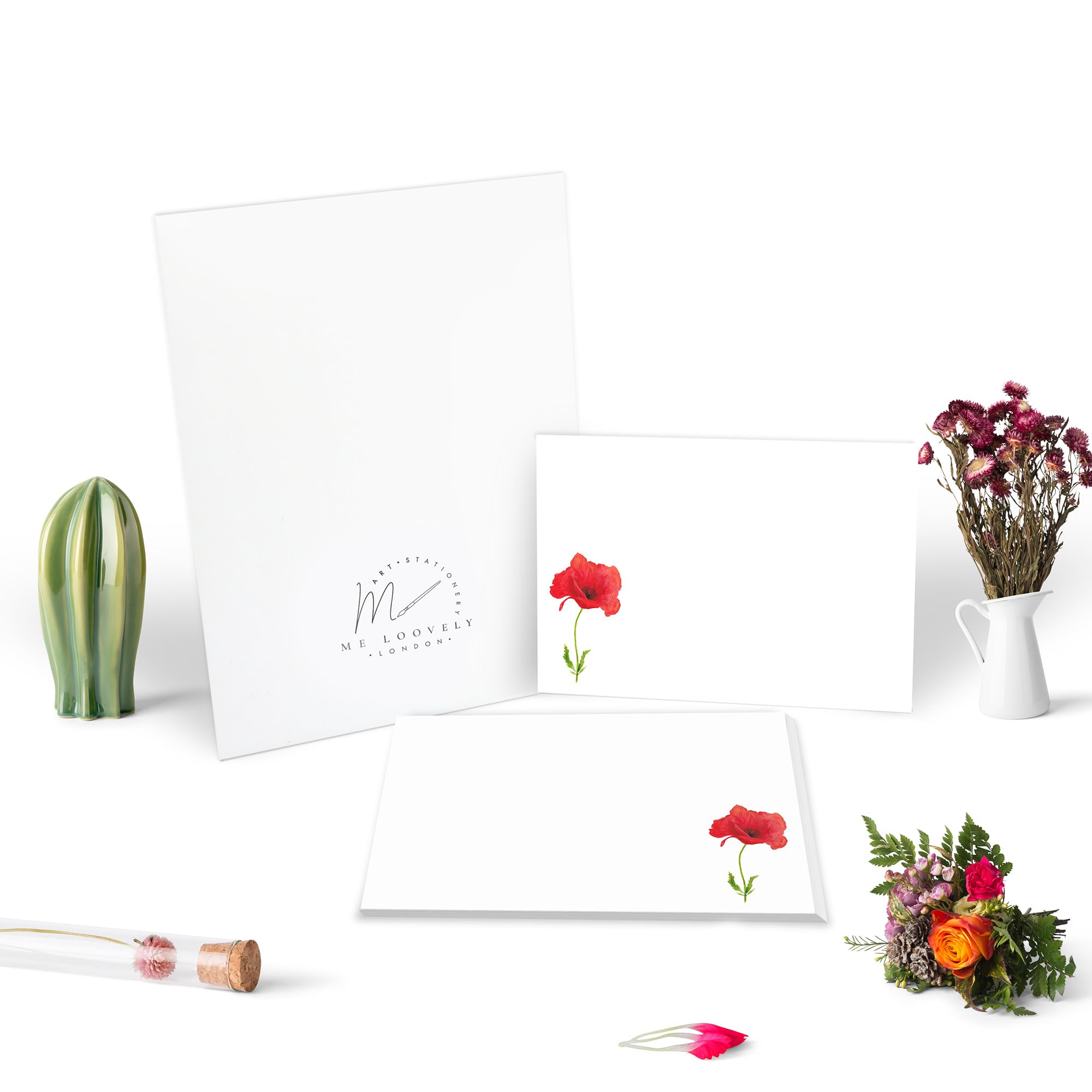 Me Loovely Red Poppy Flat Notecard and Envelopes Set A6 Size Greeting Cards Stationary Supplies for Writing & Christmas Gifts (Pack of 10 with Gift Envelope)