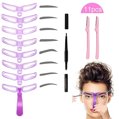 Eyebrow Stencils, Eyebrow Template, Eyebrow Shaping Kit, 8 Styles Reusable Eyebrow Stencil with Handle and Strap, Washable Come with 2 Eyebrow Razor 