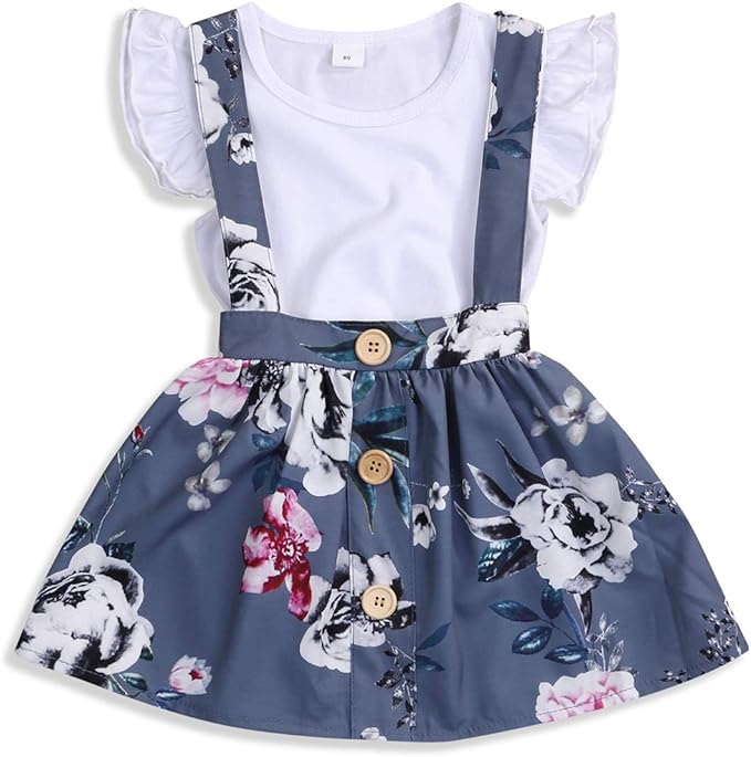 Baby Girls Skirts Set Ruffle Romper +Floral Overall Dress
