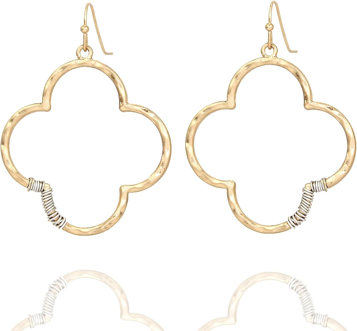 Wire Wrapped Hammered Clover Quatrefoil Dangle Drop Earrings for Women