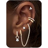 M MOOHAM 7 Pairs Gold Hoop Stud Earrings Set for Women,14K Gold Plated Double Piercing Dangle Chain Huggie Hoop Earrings Hypoallergenic Flat Back Stud Earring Ear Cuff Cartilage Earring for Gifts