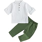 Karuedoo Toddler Baby Boy Clothes Cotton Linen Henley Shirts Button Down Long Sleeve Shirts Casual Pants Set