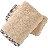 YiLUOMO Beige Hand Towel Set of 2 Super Soft Highly Absorbent 100% Cotton Thick Solid Pattern with Grey Plaid Trim Border Design Quick Dry Luxury Hand Towels for Bathroom Decor 13 x 29 Inch