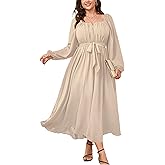 SCOMCHIC Women Plus Size Maxi Dress Long Sleeve Square Neck Wedding Guest Cocktail Belted Elegant Flowy A Line Long Dresses