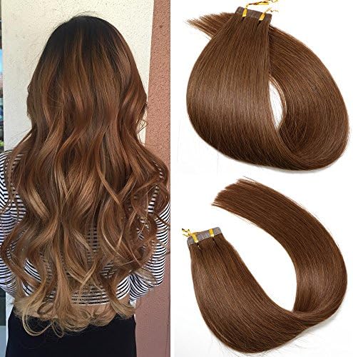 SeaShine Tape in Hair Extensions #4 Chocolate Brown 100% Remy Human Hair Extensions Silky Straight for Fashion Women 20 Pcs/Package(20Inch #4 50g)