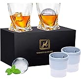 Whiskey Rocks Glass Set In Gift Box - Includes 2 Crystal Bourbon Glasses and 2 Big Ice Ball Molds - 11 Oz Old Fashioned Glasses for Scotch, Cocktails, Rum, Cognac, Vodka - Unique Gift for Men
