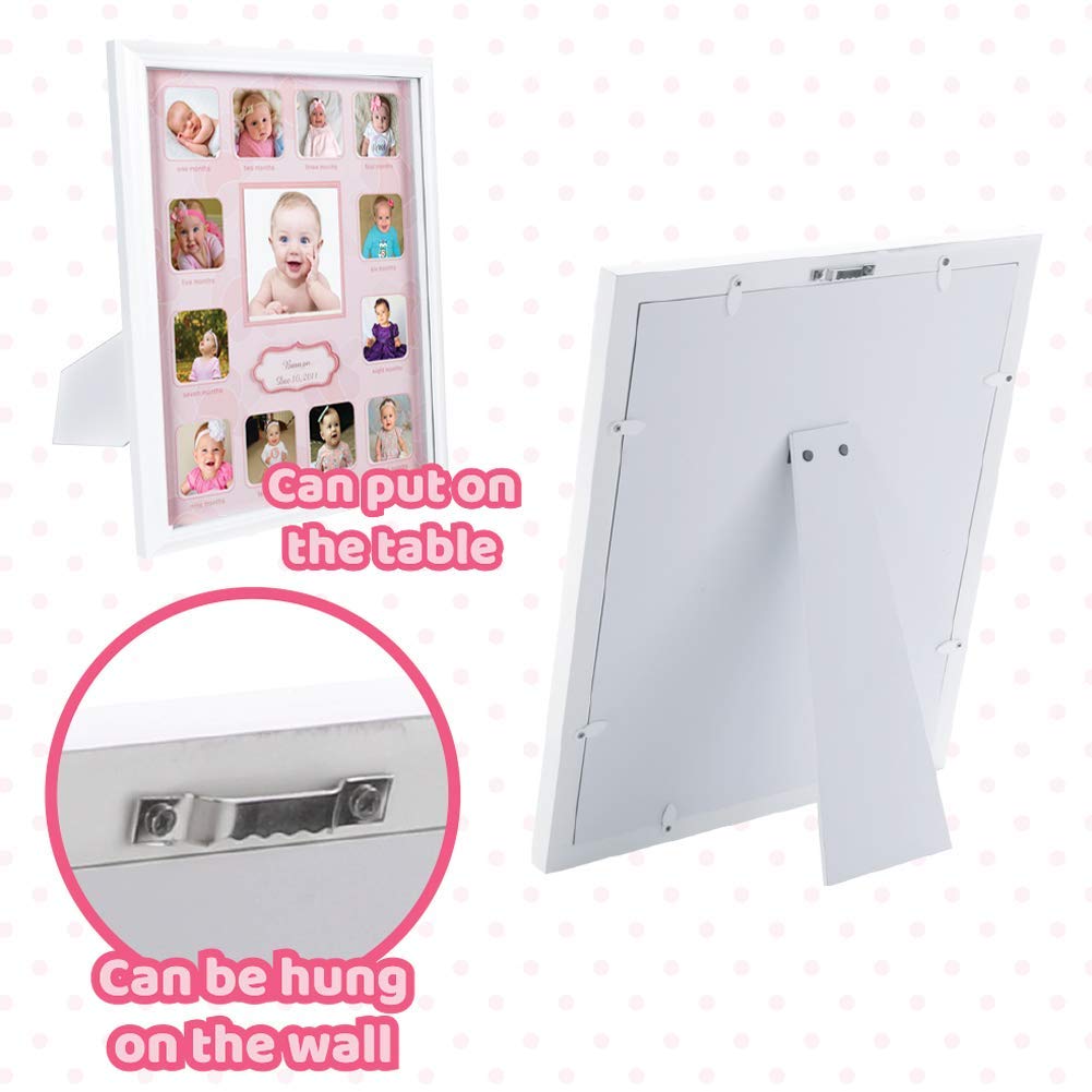 Collage Photo Frame for Baby First Year Keepsake - Multi Picture Frames with Twelve 1.8” and One 3.7” Slots for Baby Present Memory Home Decoration - Pink White Made of Prime Wood Panel and Glass