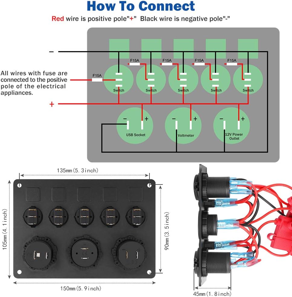 Electop 5 Gang Rocker Switch Panel, Toggle Switches/4.2A Dual USB Socket Charger/LED Voltmeter/12V Power Outlet Aluminum Panel Mount with 15A Fuses Pre-wired Waterproof for Car Boat Truck Marine RV: Automotive