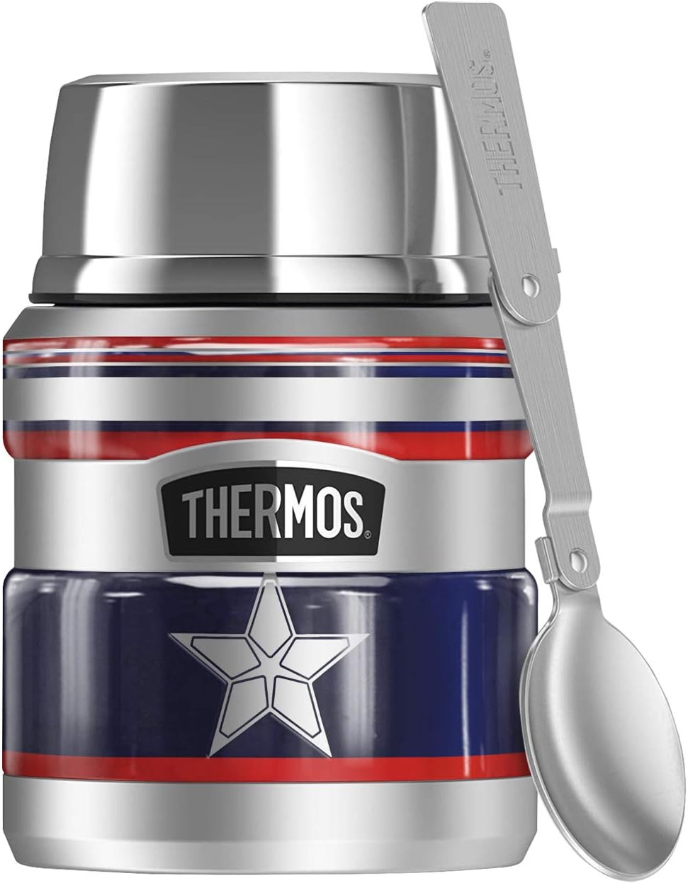 Marvel - The Falcon And The Winter Soldier, Captain America Shield Metallic Stars And Stripes THERMOS STAINLESS KING Stainless Steel Food Jar with Folding Spoon, Vacuum insulated & Double Wall, 16oz