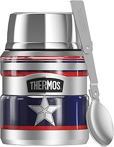 Marvel - The Falcon And The Winter Soldier, Captain America Shield Metallic Stars And Stripes THERMOS STAINLESS KING Stainless Steel Food Jar with Folding Spoon, Vacuum insulated & Double Wall, 16oz