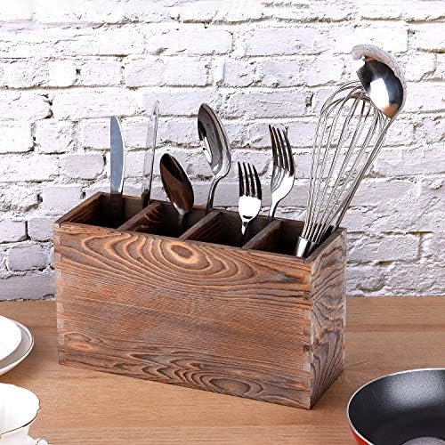 Rustic Utensil Caddy, 4 Adjustable Compartments Wooden Silverware Caddy