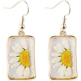 Pressed Flower Dangle Drop Earrings for Women 14K Gold-Toned Handmade Dried Flowers Teardrop Dangling Earring Geometric Charms Blossom Fish Hook Forget Me Not Jewelry for Wedding Holiday
