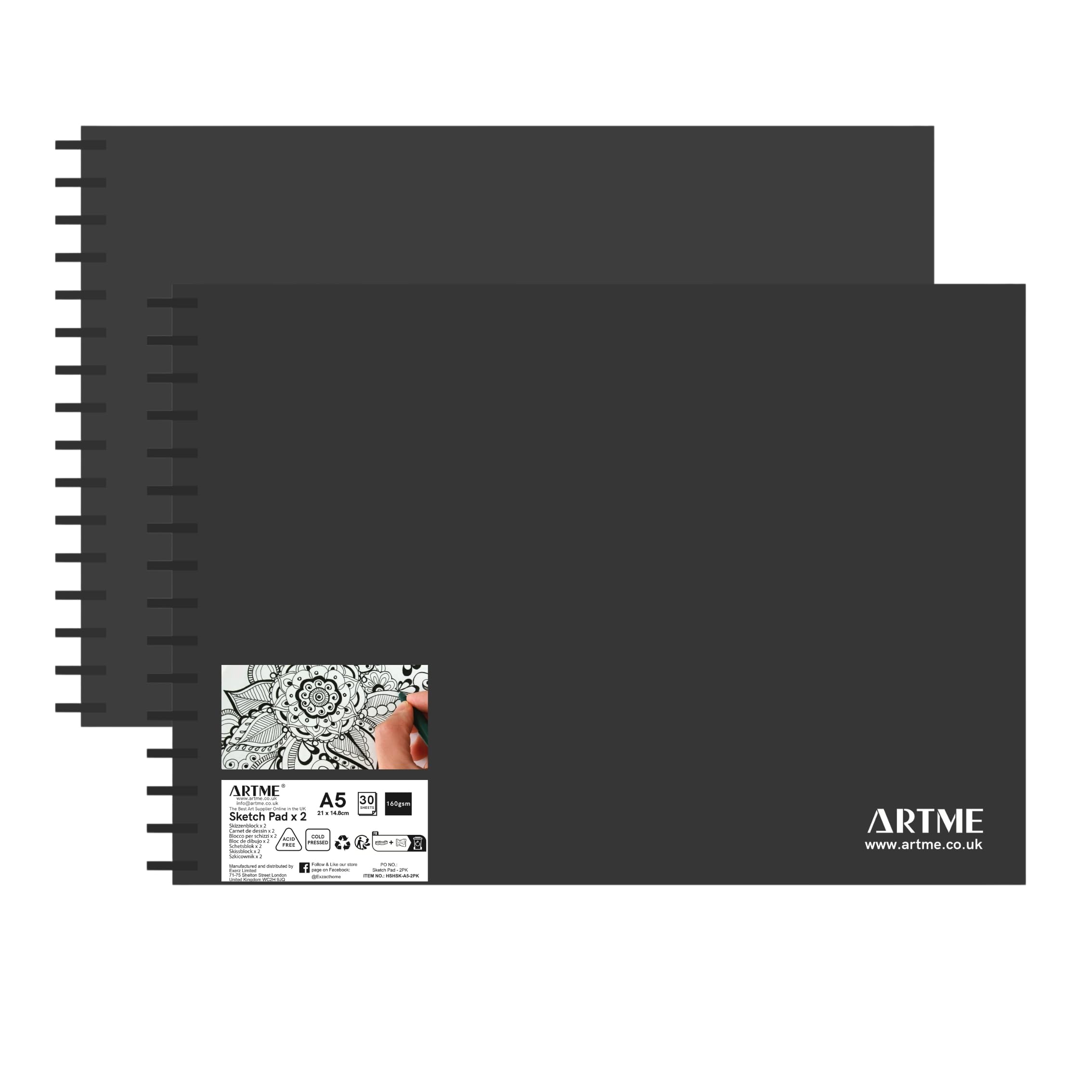 Artme A5 Sketch Pad 2pcs, 30 Sheets 160gsm, Spiral Bound, Sketchbook, Landscape