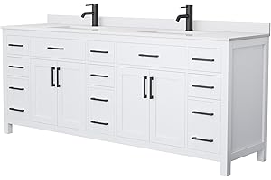 WYNDHAM COLLECTION Beckett 84 Inch Double Bathroom Vanity in White, White Cultured Marble Countertop, Undermount Square Sinks, Matte Black Trim