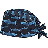 Shark Double-Sided Printed Scrub Caps for Men with Buttons, Adjustable Helps Reduce Static Buildup Medical Hats, Classic and Breathable Surgical Caps with Sweatband for Long Hours
