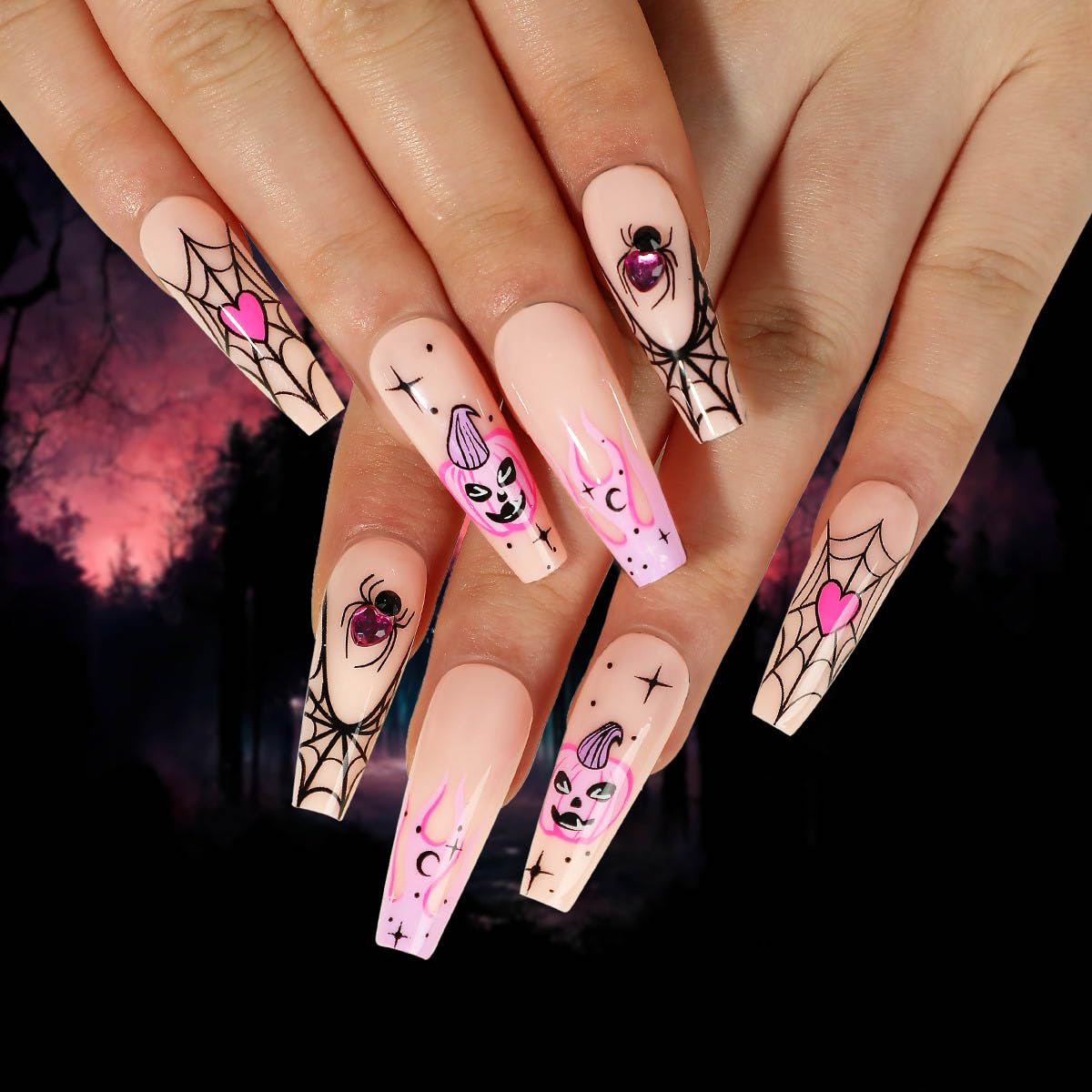 Clataly Halloween Demon Pumpkin Ghost False Nails Bloody Heart Flowing Clown Fake Nails Stars Moon Artificial Nails Press On False Nails (F)
