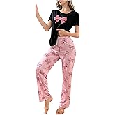 SweatyRocks Women's Bow Graphic Pajama Sets Short Sleeve Top and Pants 2 Piece Lounge Set
