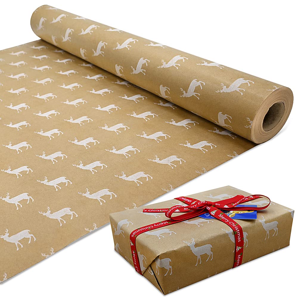 OTMVicor Roll Package Christmas Wrapping Paper, 43cm x 15M Large Roll Gift Wrapping Paper Recyclable Kraft Paper Printed with Elk for Xmas Gift Wrapping Party Decoration