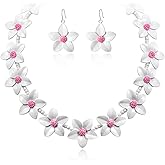 EVER FAITH Flower Jewelry Sets for Women, Dainty Enamel Faux Pearl Bead Wedding Party Choker Necklace Hook Earrings Set Summer Beach Accessories for Women