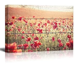 Canvas Prints Wall Art - Poppy Flowers on Vintage Wood Background - 12" x 18"