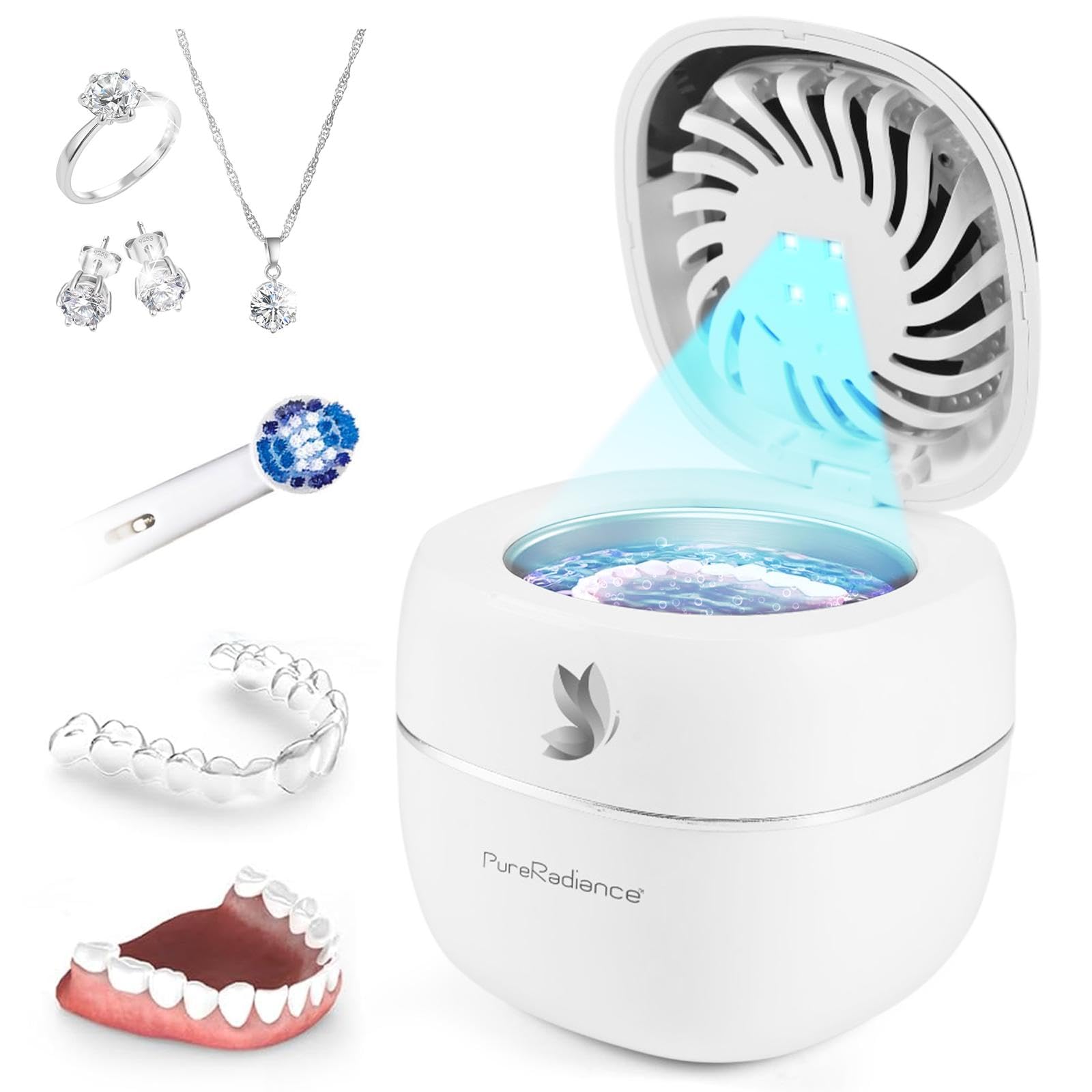 Photo 1 of PureRadiance Ultrasonic Retainer Cleaner with Dryer Fan, 45kHz, 3 Cleaning & Drying Modes, 180ml Capacity – Ideal for Retainers, Aligners, Night Guards, Braces, Toothbrushes, & Jewelry (White)