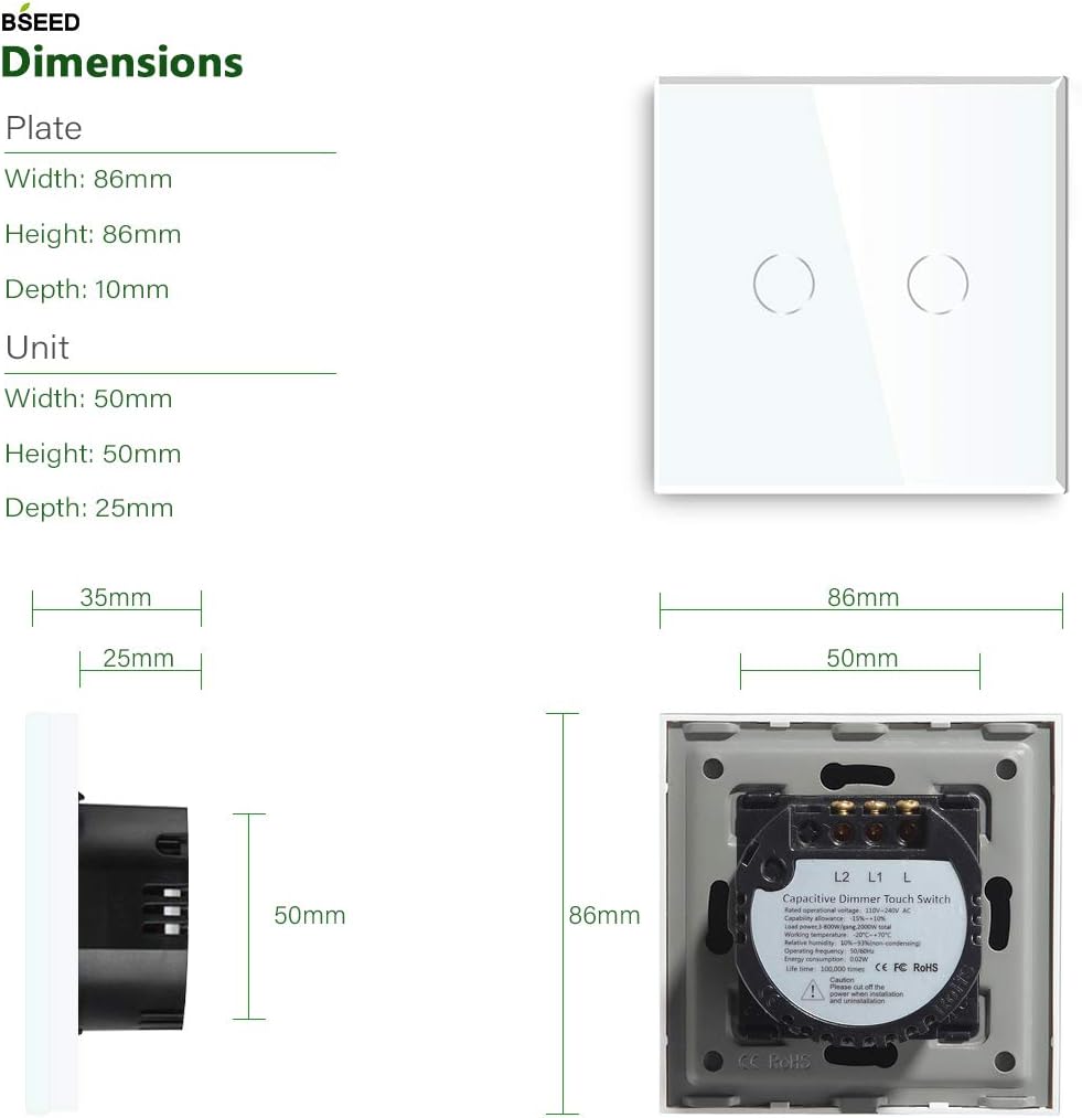 BSEED Dimmer Switch for LED Lights Dimamble Lamp Required Tempered Glass Panel for Wall Touch Light Switch 2 Gang 1 Way White - Image 4