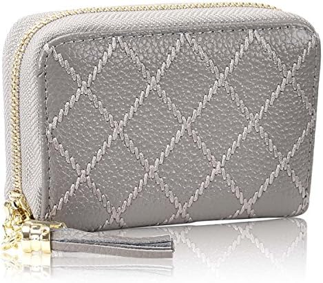 RFID Blocking Credit Card Case Organizer Genuine Leather Zip-Around Security Wallet (Grey)