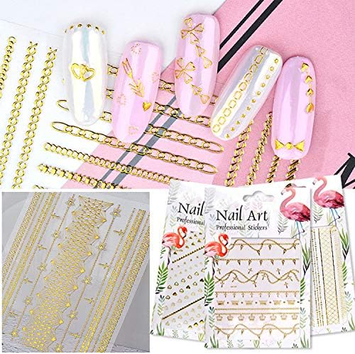 Banamic Gold Metallic Chains Nail Stickers 3d Mix Wave Heart Bow Self Adhesive Sticker DIY Nail Art Decorations