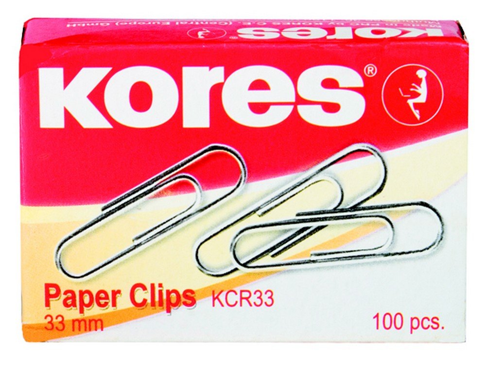 Kores - Large Metal Paper Clips for School, Office and Home, Galvanized Steel, Strong and Long-Lasting, 33 mm, Pack of 10 Boxes x 100 Clips