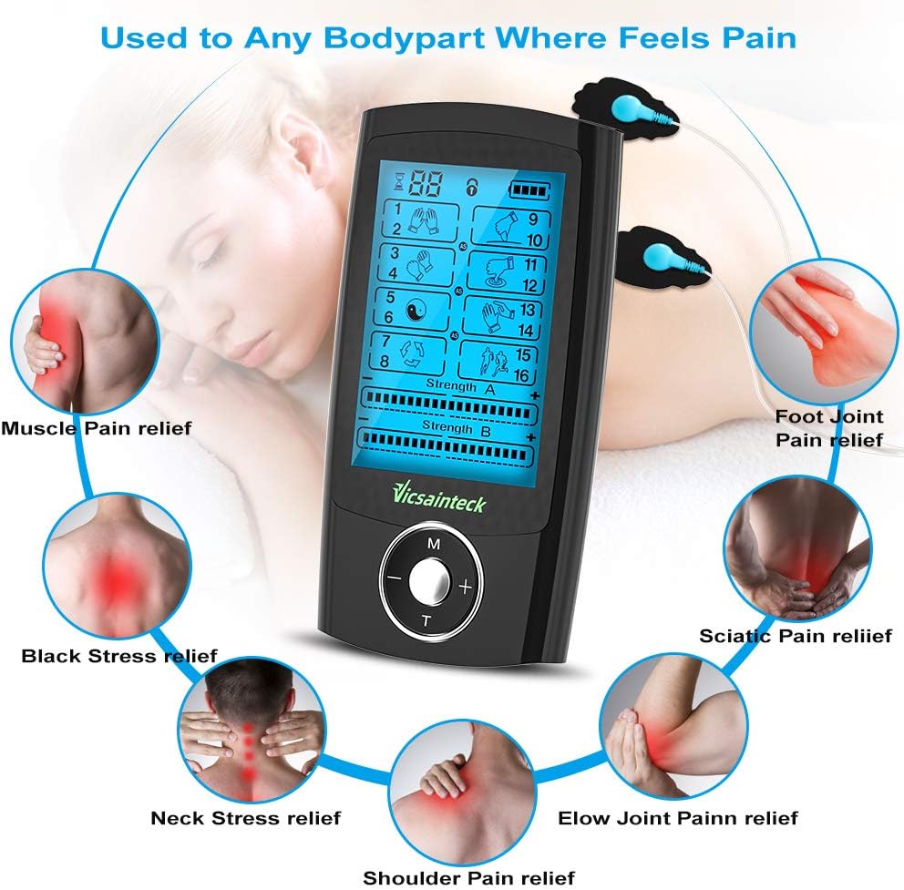 Tens and Powered Muscle Stimulator, 16 Modes Dual Channel TENS Unit TENS/PMS EMS Rechargable Electronic Pulse Massager Device for Pain Relief Therapy with 10 Pads: Health & Personal Care