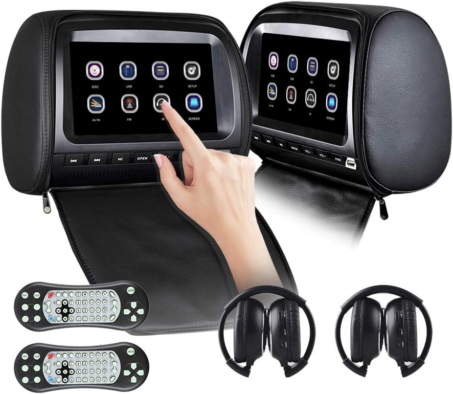 2x9 inch Touch Screen 1080P Car Headrest DVD Player with Leather Cover Zipper FM&IR Games for Kids Road Trips USB SD, Region Free, Resume, Sync Screen,2pcs IR Headphone (Black)