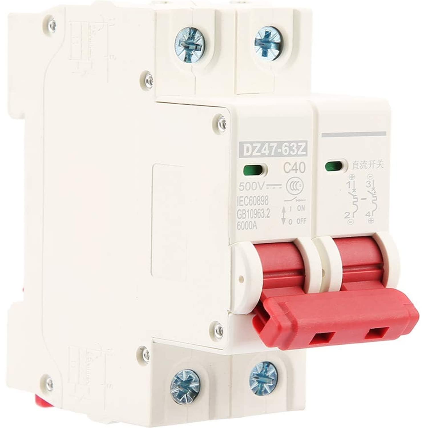 DZ47-63Z-2P, DC Disconnect Switch Circuit Breaker 500V 40A 35mm DIN Rail Mounting PV Disconnect Switch Solar System Circuit Breaker Protection Air Switch DC Circuit Protection for Photovoltaic System