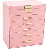 BOOVO Jewelry Box with Necklace Hanger – 6 layer Jewelry Organizer for Women with 5 Drawers, Large Jewelry Storage Boxes –Jewelry Organizers and Storage for Earrings, Necklaces (Pink, 6 layer)